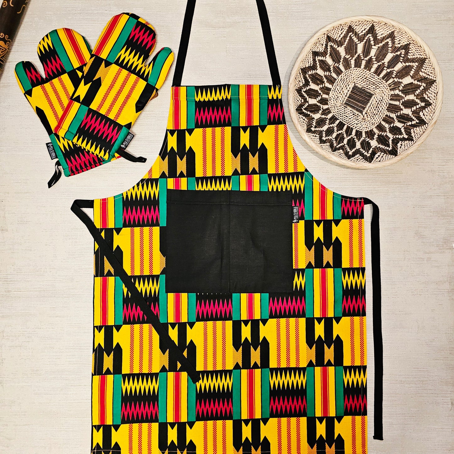 Handmade Apron and Matching Oven Gloves Set | 100% Cotton African Print Fabric-0